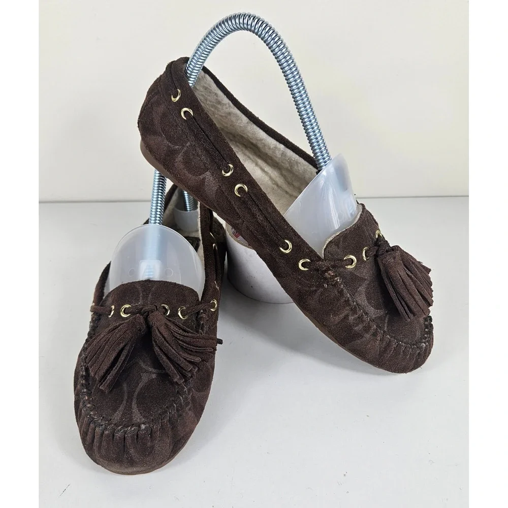 Coach Anita Signature Womens 6B Suede Monogram Tassel Moccasin Loafers Flats
